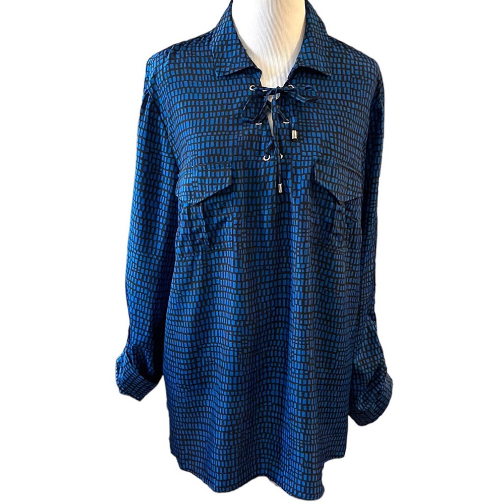 CROFT & BARROW LONG SLEEVE POPOVER BLOUSE WITH ABSTRACT PRINT BLU BLK SIZE XL